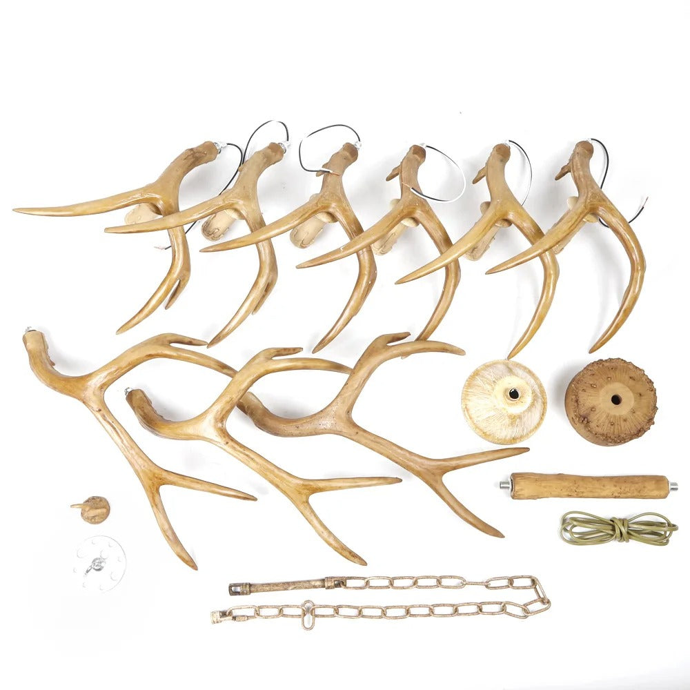 Vintage Gewei Kroonluchter – Retro Plafondlamp met 6× E14 Fittingen en Verstelbare Ophanging