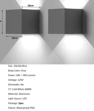 Set van 2 LED Wandlampen – Moderne Aluminium Wandverlichting Binnen en Buiten – 6W 6500K Koel Wit voor Woonkamer, Hal & Balkon