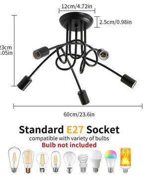 Moderne Zwarte Spoetnik Kroonluchter – 5-Lichts Plafondlamp met E27 Fittingen in Mid-Century Stijl
