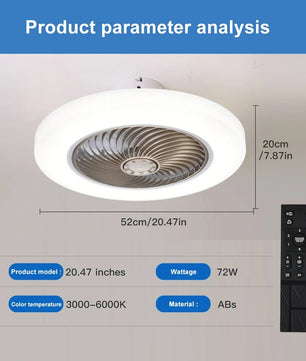 Slimme Plafondventilator met LED-Verlichting – 52 cm Ventilatorlamp met Onzichtbare Bladen, Afstandsbediening en Stille Werking voor Slaapkamer en Woonkamer