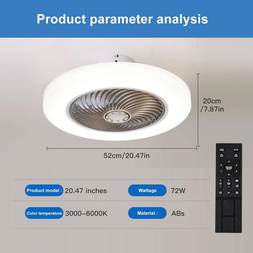 Slimme Plafondventilator met LED-Verlichting – 52 cm Ventilatorlamp met Onzichtbare Bladen, Afstandsbediening en Stille Werking voor Slaapkamer en Woonkamer