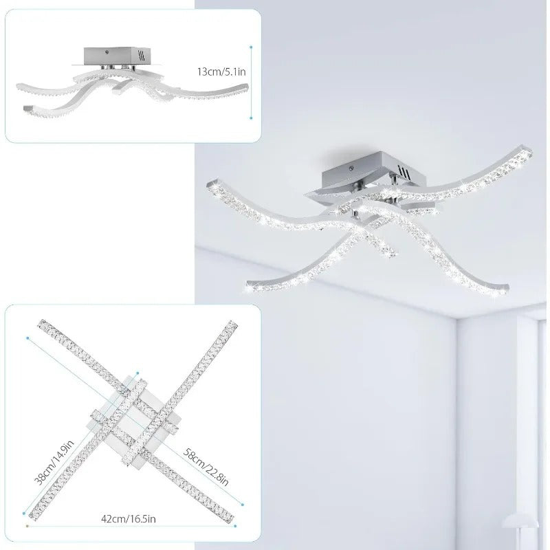 Moderne LED Plafondlamp – 32W 4-Lichts Golvend Design – Chroom Aluminium met Acryl – 5500K Koel Wit voor Woonkamer, Keuken en Hal