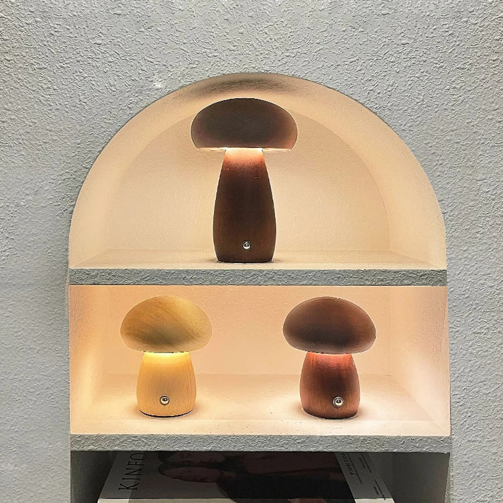 Houten Paddenstoel Nachtlampje – Oplaadbare Touch LED Tafellamp met Traploos Dimmen en 3 Lichtkleuren