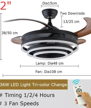 Nordic LED Plafondventilator 42 inch – Moderne Ventilatorlamp met Intrekbare Bladen, Kristalafwerking en Afstandsbediening – Stil en Dimbaar voor Woonkamer en Slaapkamer