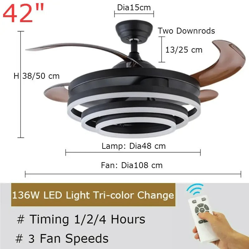 Nordic LED Plafondventilator 42 inch – Moderne Ventilatorlamp met Intrekbare Bladen, Kristalafwerking en Afstandsbediening – Stil en Dimbaar voor Woonkamer en Slaapkamer