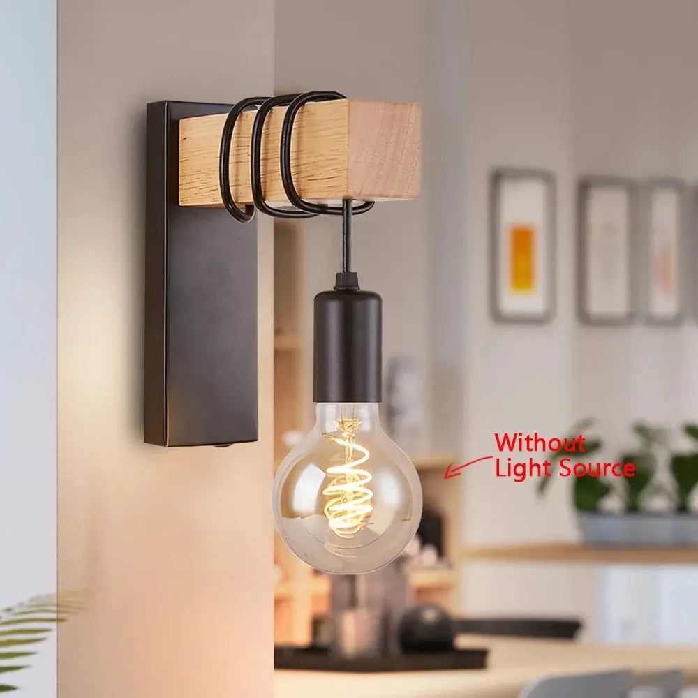 Retro Industriële Houten Wandlamp – Verstelbare E27 Wandverlichting van Hout en IJzer voor Woonkamer en Slaapkamer
