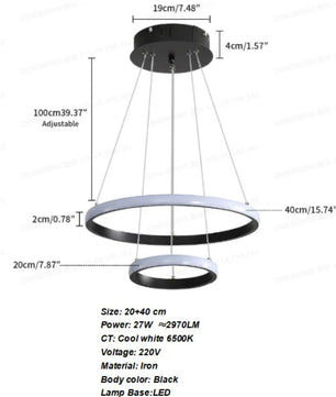 2-Ring Zwarte Hanglamp – Moderne LED Plafondlamp van Aluminium met Dubbele Ronde Ringen – 27W Koud Wit Licht 6500K voor Woonkamer en Eetkamer