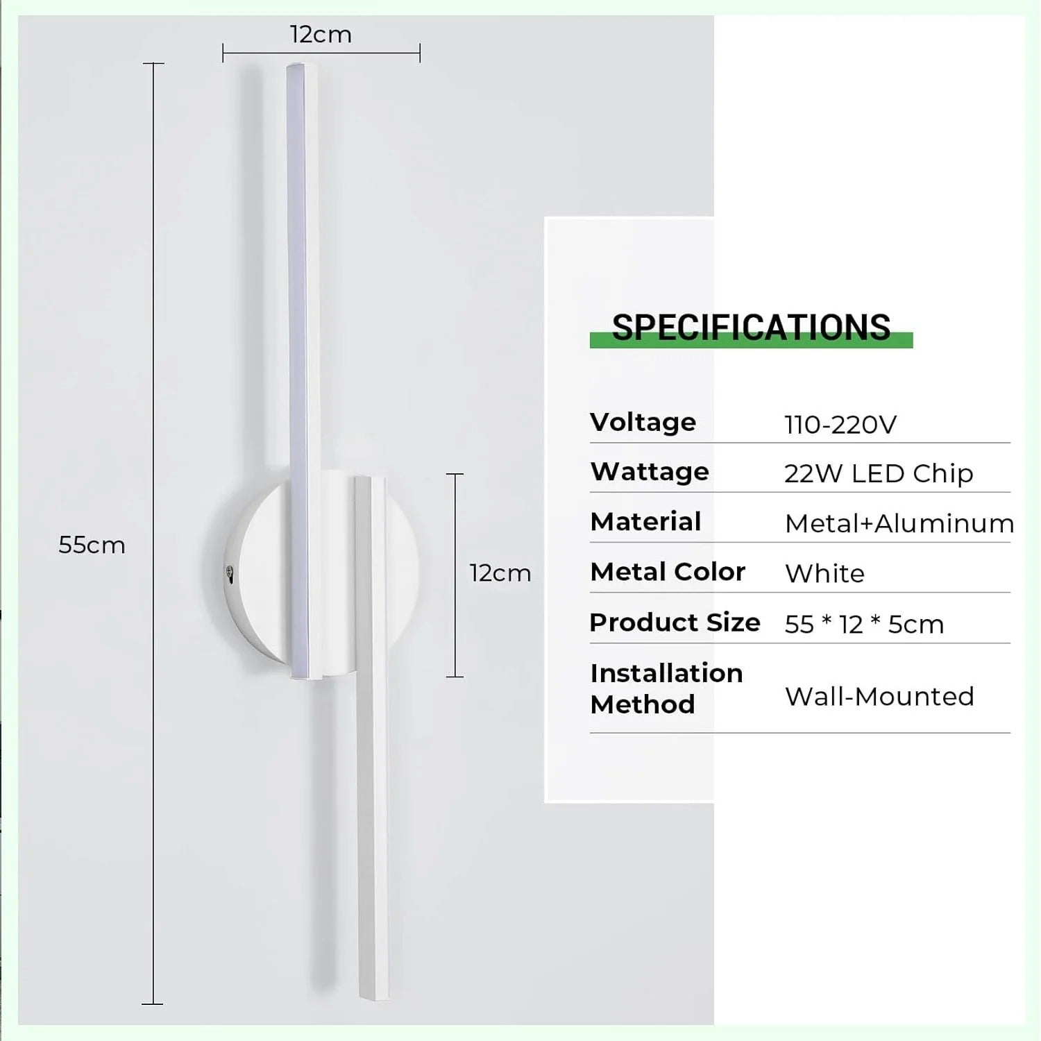 Moderne LED Wandlamp – 55 cm Lineair Design – 22W 2475 Lumen – Koel Wit 6500K – Wit – Voor Woonkamer en Kantoor
