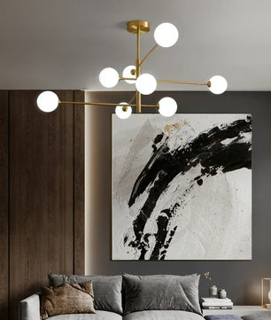 Moderne Glazen Bal Kroonluchter – Zwart Gouden LED Plafondlamp van Metaal en Mat Glas – Luxe Design voor Woonkamer, Eetkamer en Slaapkamer