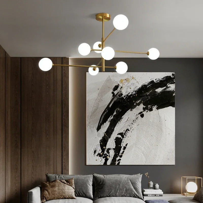 Moderne Glazen Bal Kroonluchter – Zwart Gouden LED Plafondlamp van Metaal en Mat Glas – Luxe Design voor Woonkamer, Eetkamer en Slaapkamer