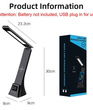 Multifunctionele LED Bureaulamp – Dimbaar met Draadloze Oplader, USB-Poort en Digitale Klok – 3 Lichtkleuren