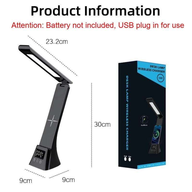 Multifunctionele LED Bureaulamp – Dimbaar met Draadloze Oplader, USB-Poort en Digitale Klok – 3 Lichtkleuren
