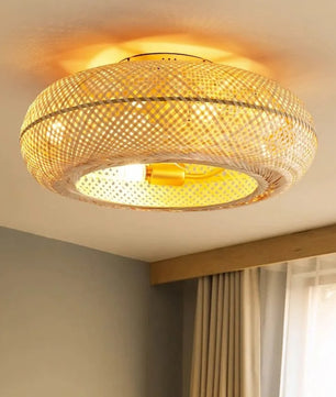 Bamboe LED Plafondventilator 50 cm – Moderne Ventilatorlamp met Intrekbare en Omkeerbare Bladen, Afstandsbediening en Stille Werking voor Woonkamer en Slaapkamer