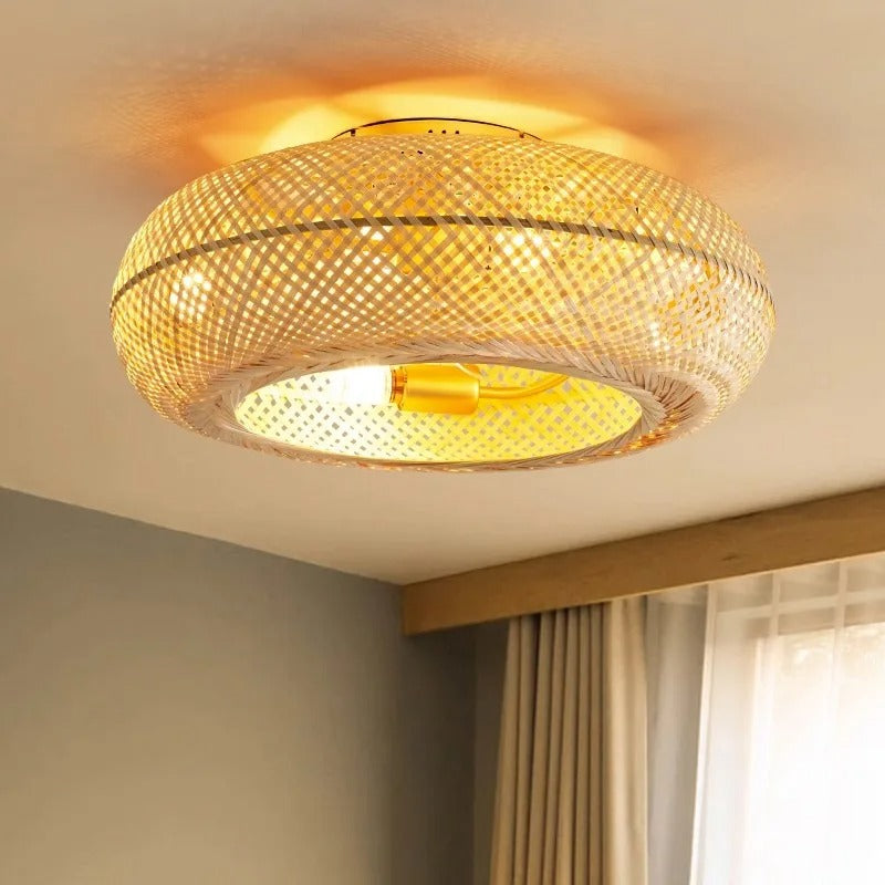 Bamboe LED Plafondventilator 50 cm – Moderne Ventilatorlamp met Intrekbare en Omkeerbare Bladen, Afstandsbediening en Stille Werking voor Woonkamer en Slaapkamer