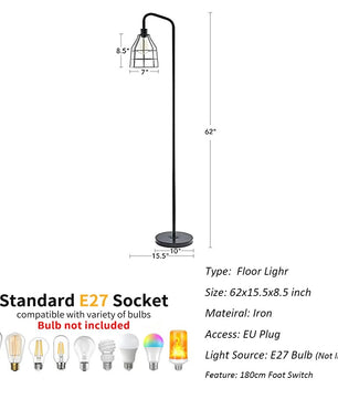 Industriële Vloerlamp Zwart Metaal – Staande Lamp met Druppelvormige Kooikap – E27 Industriële Sfeerverlichting voor Woonkamer en Slaapkamer