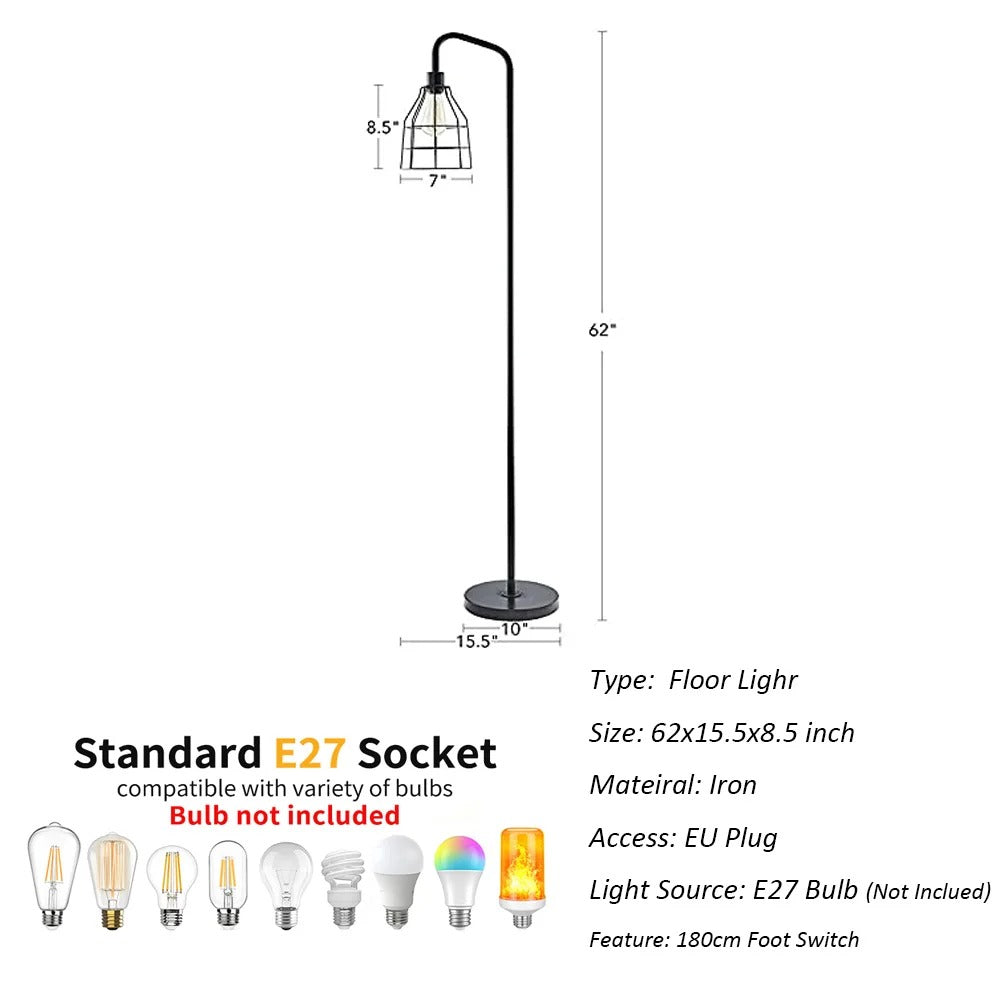 Industriële Vloerlamp Zwart Metaal – Staande Lamp met Druppelvormige Kooikap – E27 Industriële Sfeerverlichting voor Woonkamer en Slaapkamer