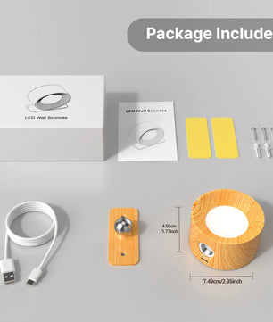 Houten LED Wandlamp – Draadloos Oplaadbaar met Touch Dimming en 360° Draaibare Kop