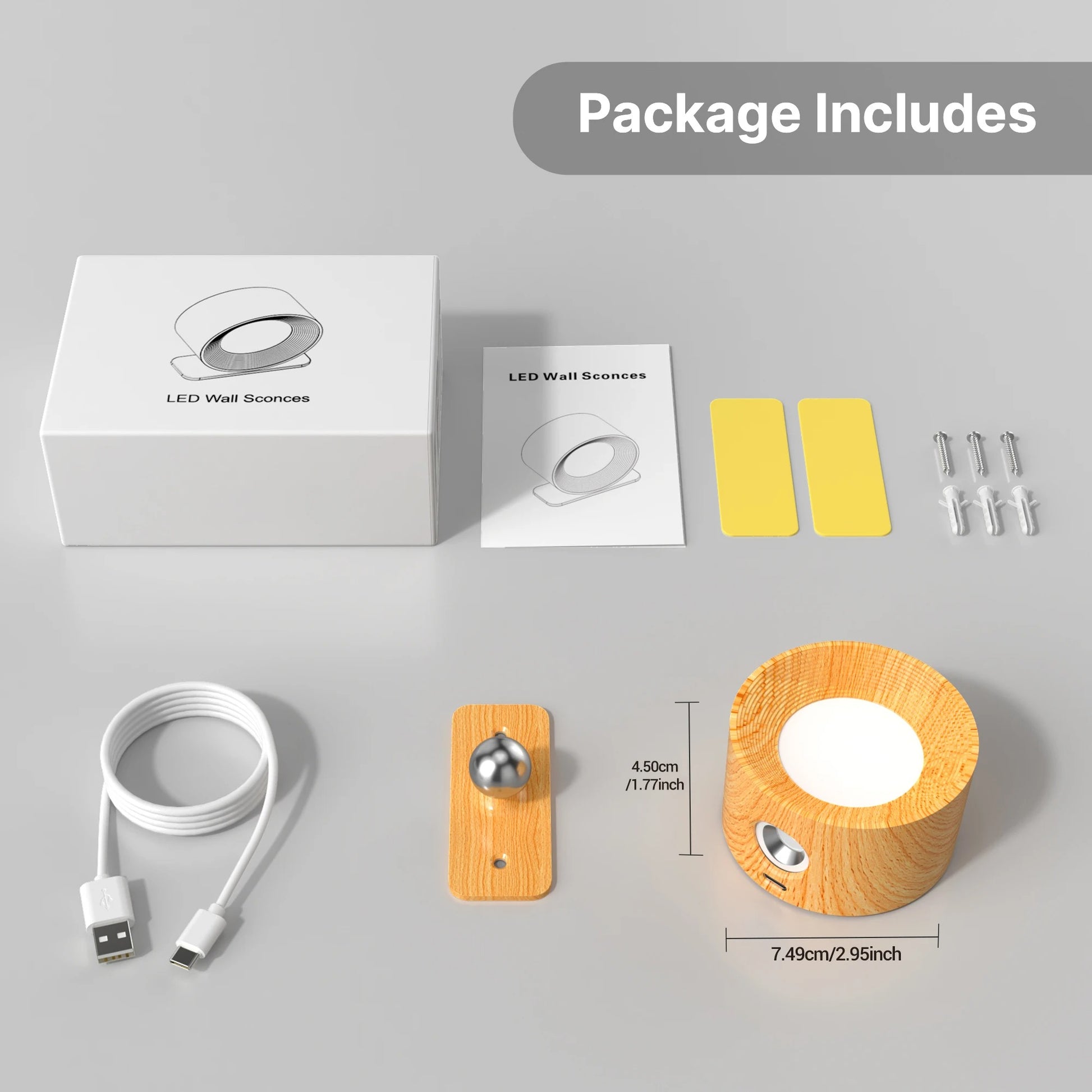 Houten LED Wandlamp – Draadloos Oplaadbaar met Touch Dimming en 360° Draaibare Kop