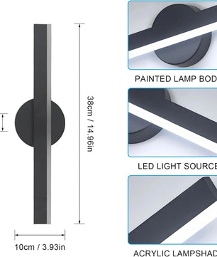 Moderne LED Wandlamp – 12W Draaibaar 360° – Zwart Aluminium en Acryl – Koel Wit 6500K – Voor Woonkamer, Hal en Studieruimte