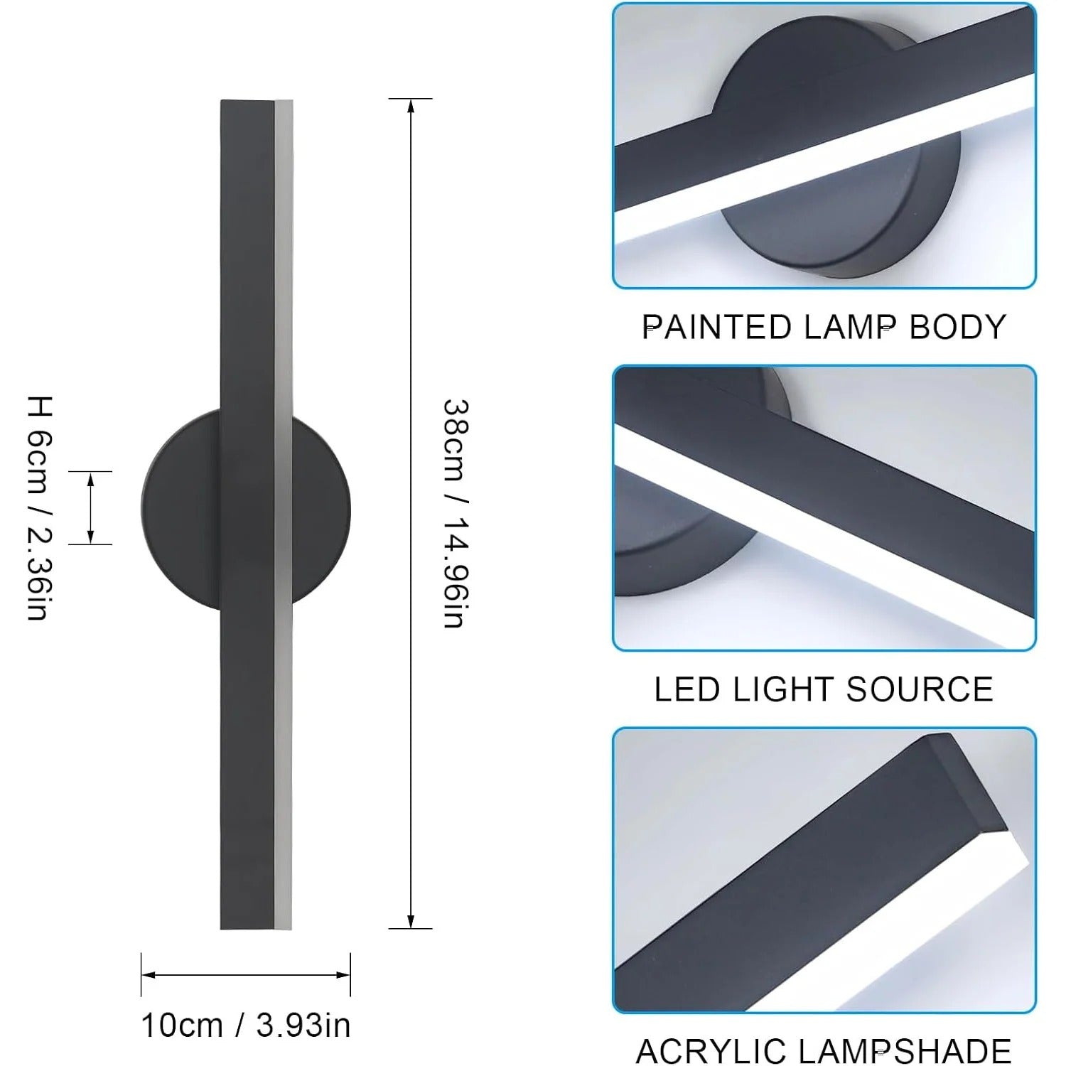 Moderne LED Wandlamp – 12W Draaibaar 360° – Zwart Aluminium en Acryl – Koel Wit 6500K – Voor Woonkamer, Hal en Studieruimte