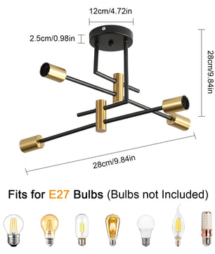 Industriële Kroonluchter Sputnik Ø70 cm – Vintage Plafondlamp 4-Lichts – Metaal Zwart met Goudaccenten – E27