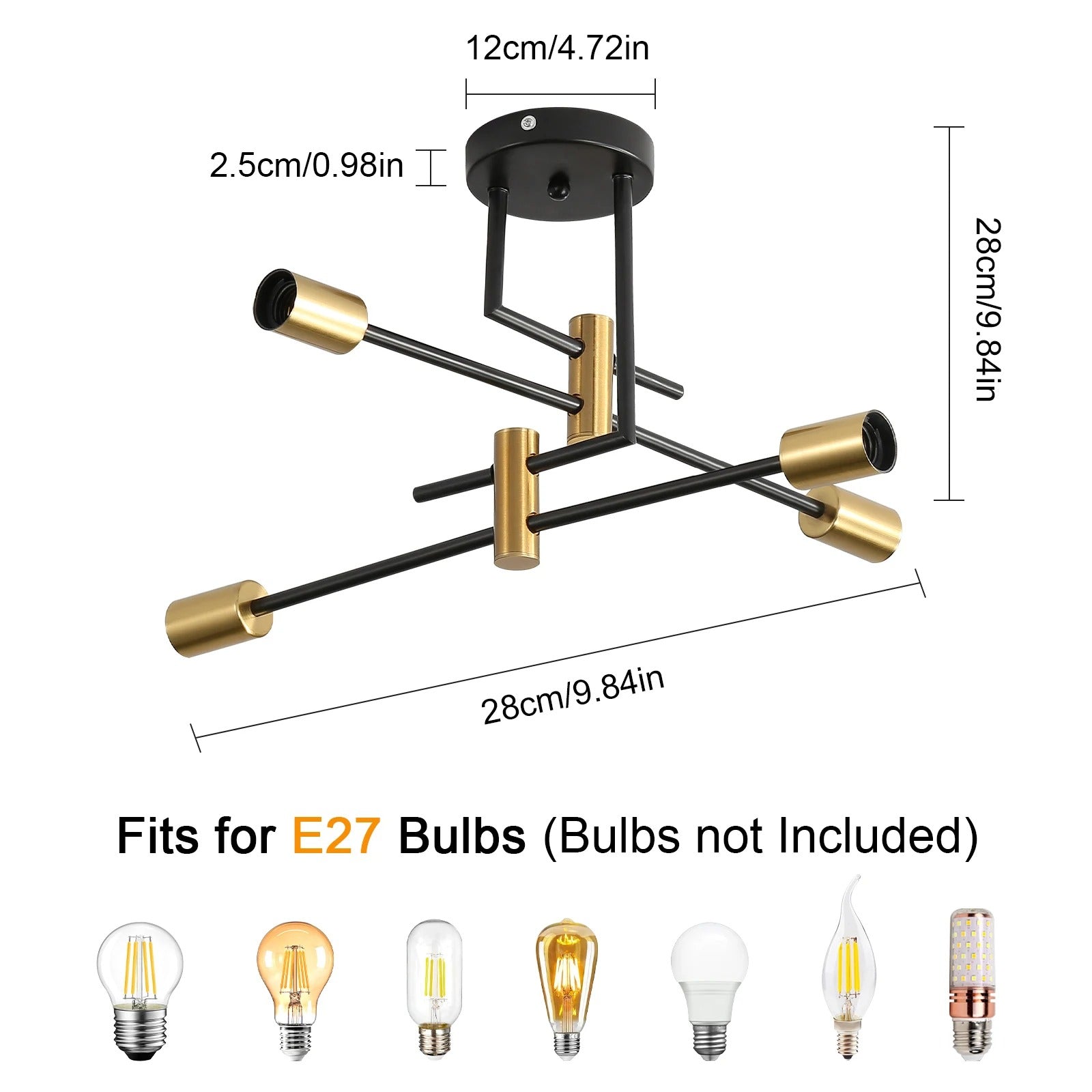 Industriële Kroonluchter Sputnik Ø70 cm – Vintage Plafondlamp 4-Lichts – Metaal Zwart met Goudaccenten – E27