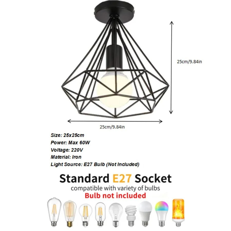 Industriële Vintage Plafondlamp – Zwarte Metalen Semi-Inbouwlamp met E27 Fitting