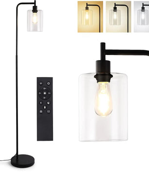 Moderne Industriële Vloerlamp met Glazen Kap – Dimbare LED Staande Lamp E27 met Afstandsbediening en Voetschakelaar – Sfeerverlichting voor Woonkamer en Slaapkamer