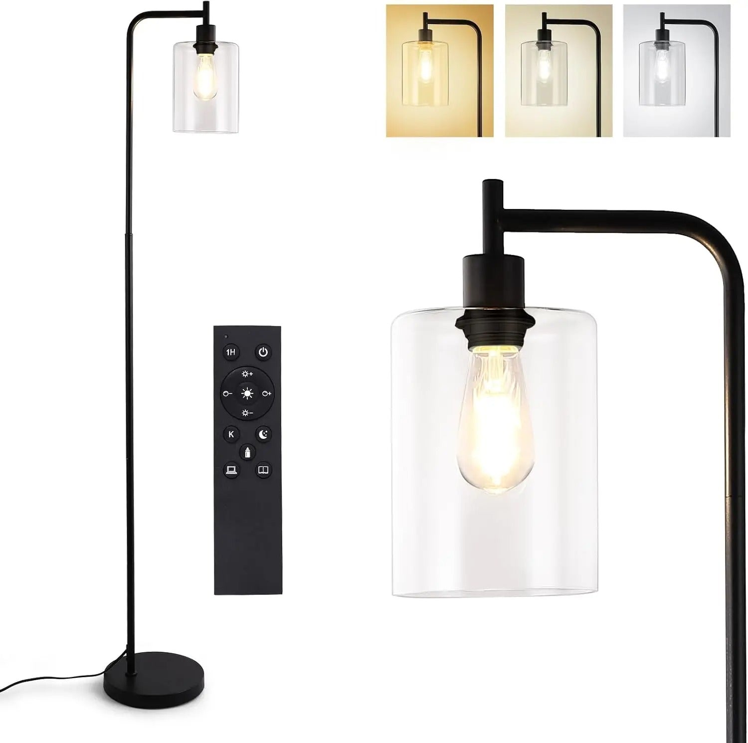 Moderne Industriële Vloerlamp met Glazen Kap – Dimbare LED Staande Lamp E27 met Afstandsbediening en Voetschakelaar – Sfeerverlichting voor Woonkamer en Slaapkamer