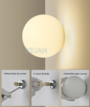 Ronde Glazen Wandlamp – Melkwitte Glazen Bol met Verborgen Basis – Moderne LED Wandverlichting voor Slaapkamer en Woonkamer