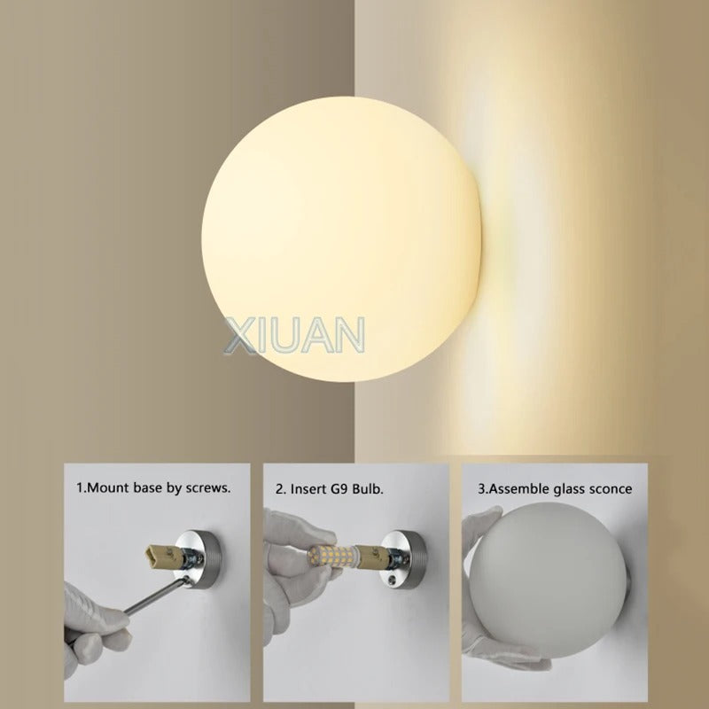 Ronde Glazen Wandlamp – Melkwitte Glazen Bol met Verborgen Basis – Moderne LED Wandverlichting voor Slaapkamer en Woonkamer