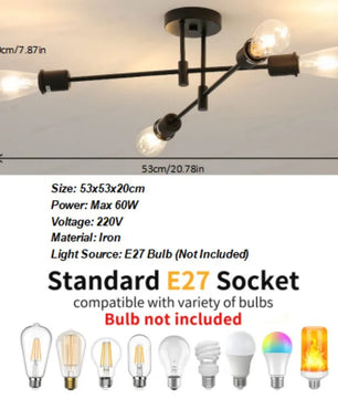 Vintage Zwarte Plafondlamp – 4-lichts Retro Kroonluchter van Metaal met E27 Fitting – Nieuw Klassiek Design voor Woonkamer & Eetkamer
