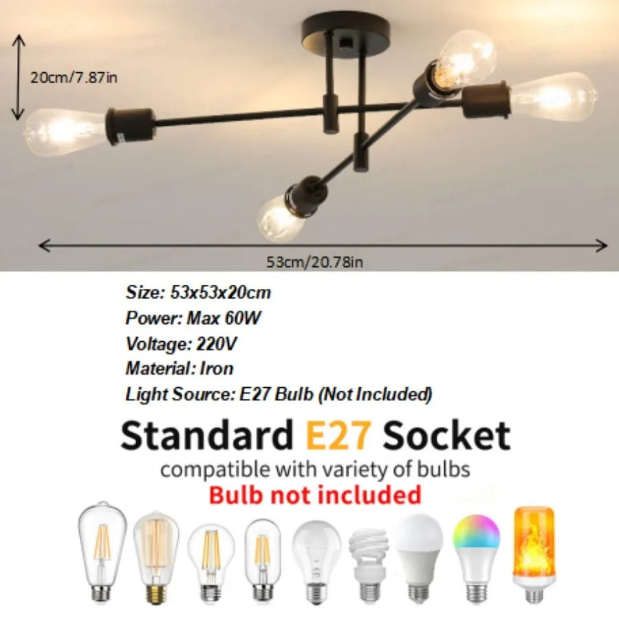 Vintage Zwarte Plafondlamp – 4-lichts Retro Kroonluchter van Metaal met E27 Fitting – Nieuw Klassiek Design voor Woonkamer & Eetkamer
