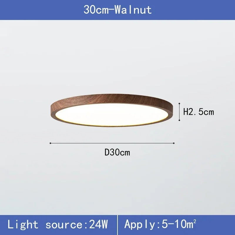 Ultradunne Ronde LED Plafondlamp met Houtnerf – Walnootlook – 24W Ø30 cm – Driekleurig Licht voor Woonkamer en Slaapkamer