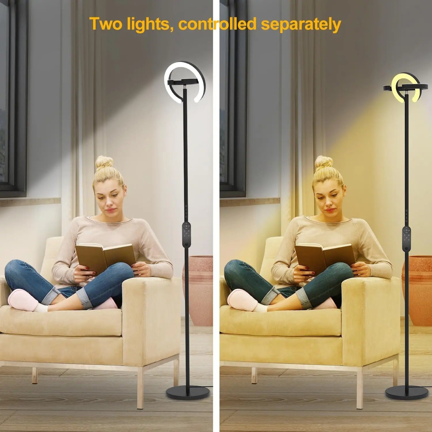 Moderne LED Vloerlamp met 2 Draaibare Ringen – 1,9 m Staande Lamp met Traploos Dimmen en Afstandsbediening – Sfeerverlichting en Leeslamp voor Woonkamer en Slaapkamer
