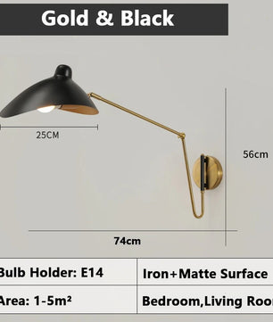 Industriële Wandlamp met Lange Arm – Verstelbare Scharnierarm en Matte Metalen Kap – E14 Leeslamp voor Slaapkamer, Woonkamer & Hotel