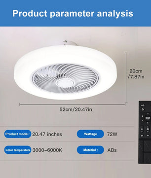 Slimme Plafondventilator met LED-Verlichting – 52 cm Ventilatorlamp met Onzichtbare Bladen, Afstandsbediening en Stille Werking voor Slaapkamer en Woonkamer