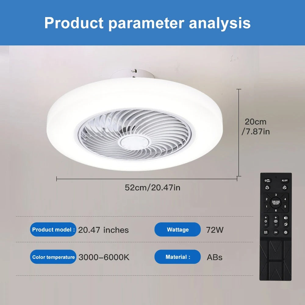 Slimme Plafondventilator met LED-Verlichting – 52 cm Ventilatorlamp met Onzichtbare Bladen, Afstandsbediening en Stille Werking voor Slaapkamer en Woonkamer