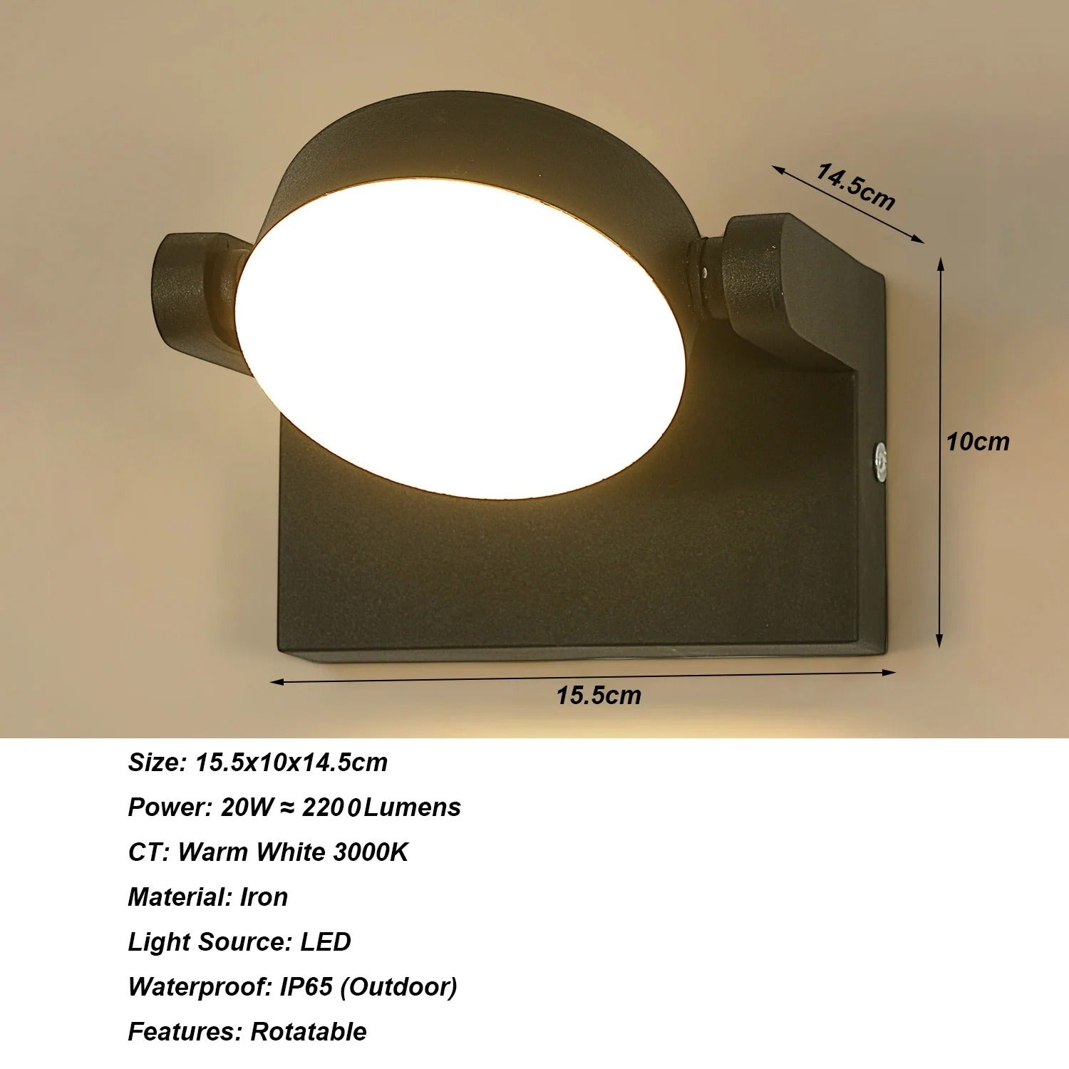 Moderne LED Wandlamp – 20W Binnen en Buiten – Draaibaar LED Paneel – Warm Wit 3000K – Zwart Aluminium – IP65