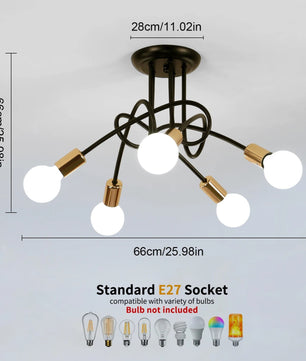 Moderne Zwarte Spoetnik Kroonluchter – 5-Lichts Plafondlamp met E27 Fittingen in Mid-Century Stijl