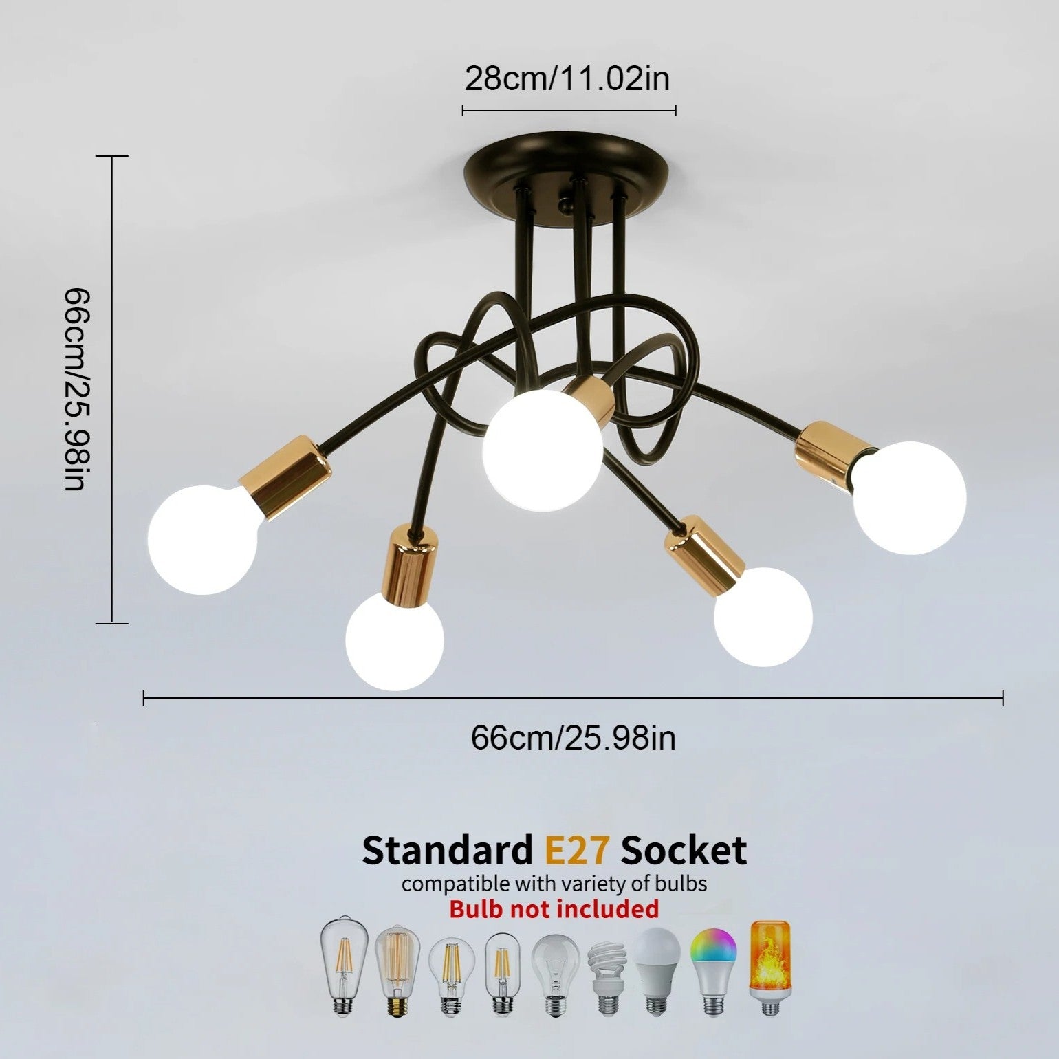 Moderne Zwarte Spoetnik Kroonluchter – 5-Lichts Plafondlamp met E27 Fittingen in Mid-Century Stijl