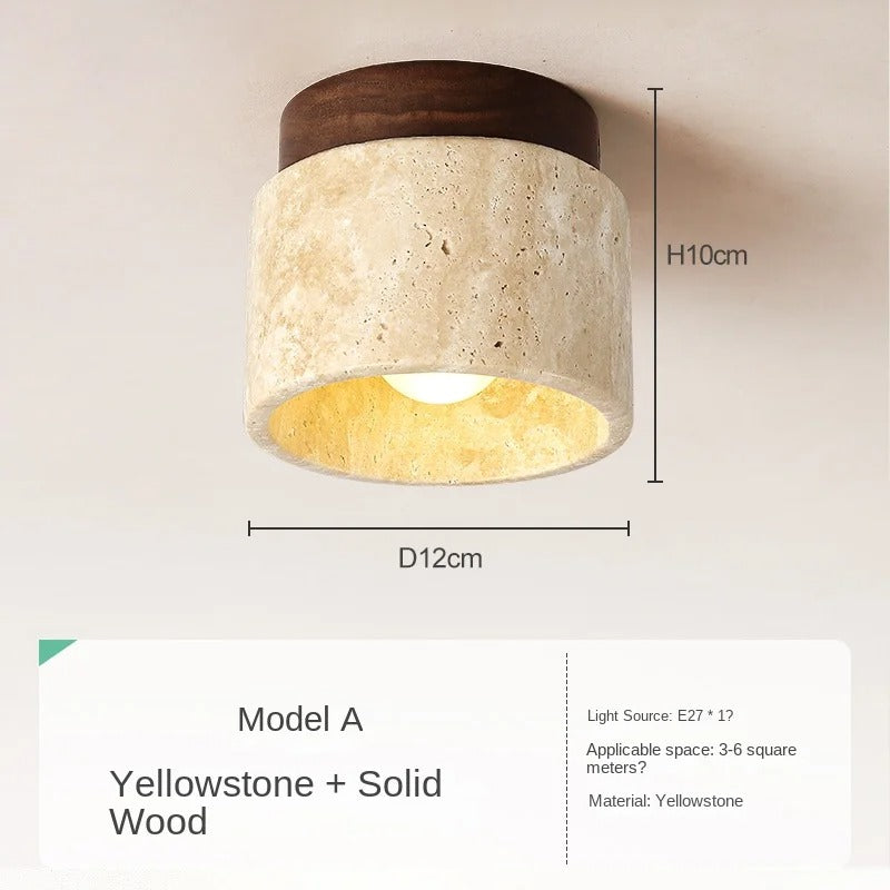 Japanse Stijl LED Plafondlamp – Ronde Opbouwlamp van Steen en Hout – Minimalistische LED Binnenverlichting voor Woonkamer en Gang