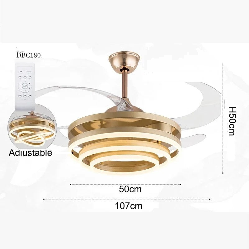 Nordic LED Plafondventilator 42 inch – Moderne Ventilatorlamp met Intrekbare Bladen, Kristalafwerking en Afstandsbediening – Stil en Dimbaar voor Woonkamer en Slaapkamer