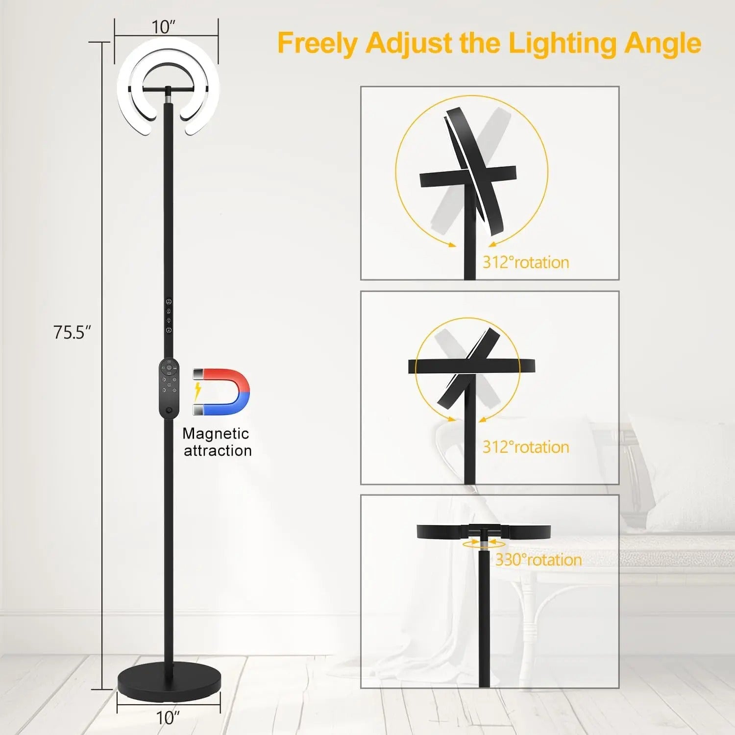 Moderne LED Vloerlamp met 2 Draaibare Ringen – 1,9 m Staande Lamp met Traploos Dimmen en Afstandsbediening – Sfeerverlichting en Leeslamp voor Woonkamer en Slaapkamer