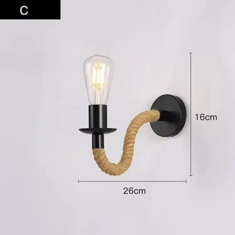 Retro Industriële Wandlamp met Henneptouw – IJzeren Wandverlichting E27 voor Woonkamer en Slaapkamer