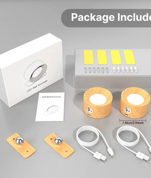 Houten LED Wandlamp – Draadloos Oplaadbaar met Touch Dimming en 360° Draaibare Kop