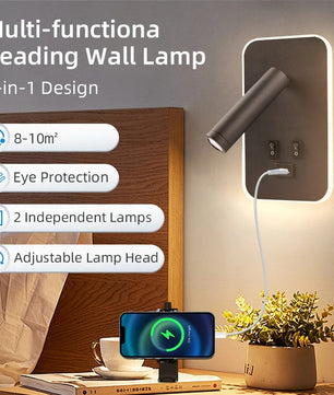 Nachtkastje Wandlamp met USB – 3-in-1 LED Leeslamp en Wandverlichting met Draaibare Spot