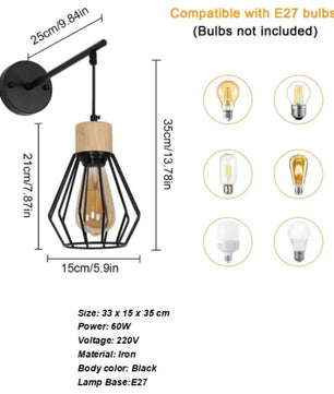 Vintage Industriële Wandlamp – Zwart Metalen Wandverlichting met Houtaccent en E27 Fitting – Retro Design voor Interieur