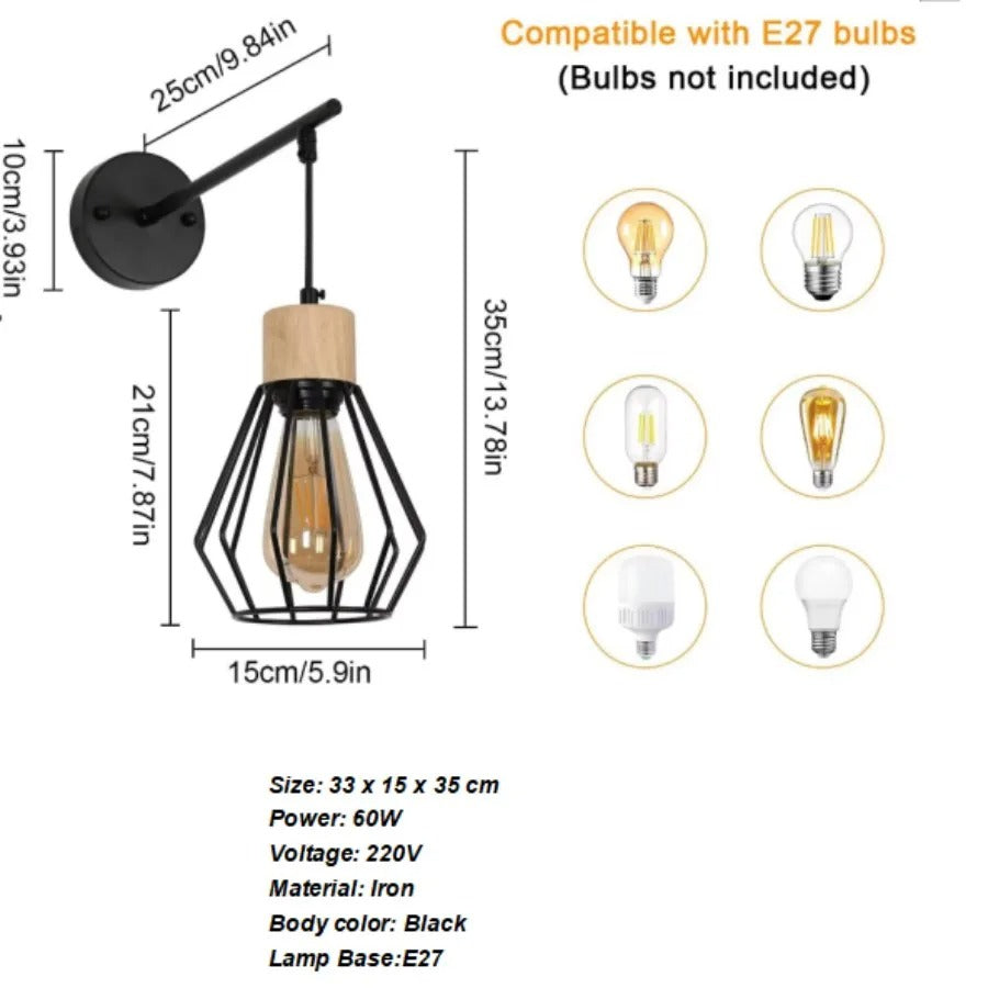 Vintage Industriële Wandlamp – Zwart Metalen Wandverlichting met Houtaccent en E27 Fitting – Retro Design voor Interieur