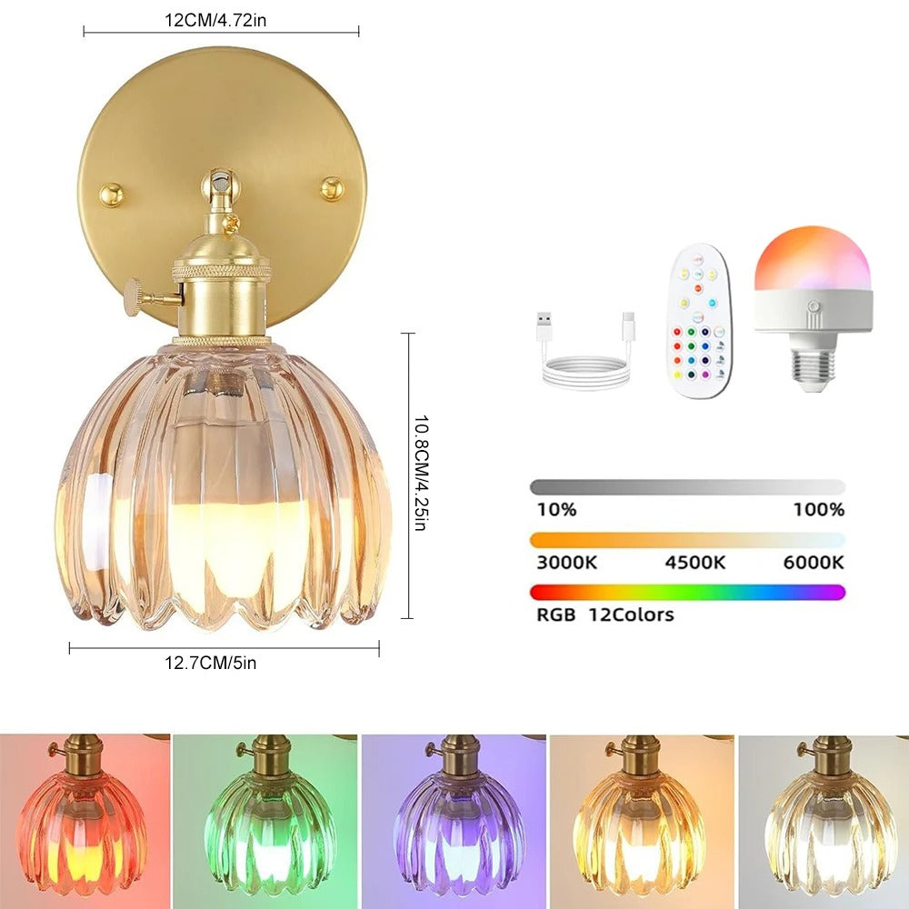 Vintage Glazen Wandlamp – Draadloos en Oplaadbaar met RGB LED – Decoratieve Wandverlichting met Afstandsbediening voor Woonkamer en Slaapkamer